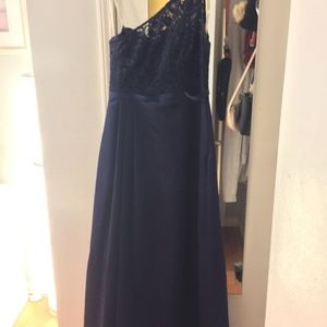 Davids Bridal Long Illusion Lace and Satin Dress